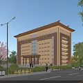 Traditional Chinese Style Office Building With Beige Facade Glass Windows And Cherry Blossom Trees