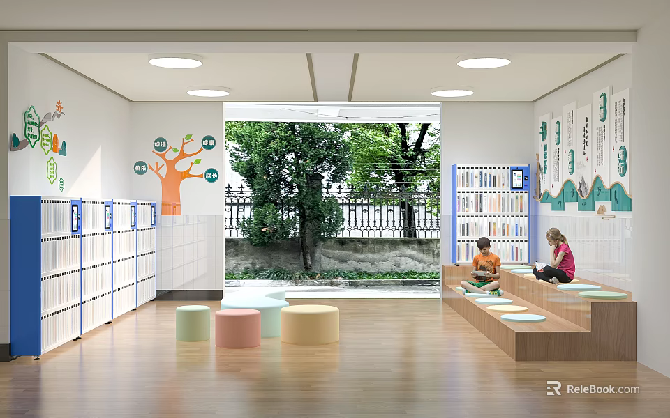 Bright Kindergarten Interior With Bookshelves Colorful Stools Large Windows And Kids 3d model 