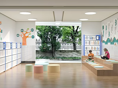 Bright Kindergarten Interior With Bookshelves Colorful Stools Large Windows And Kids 3d model