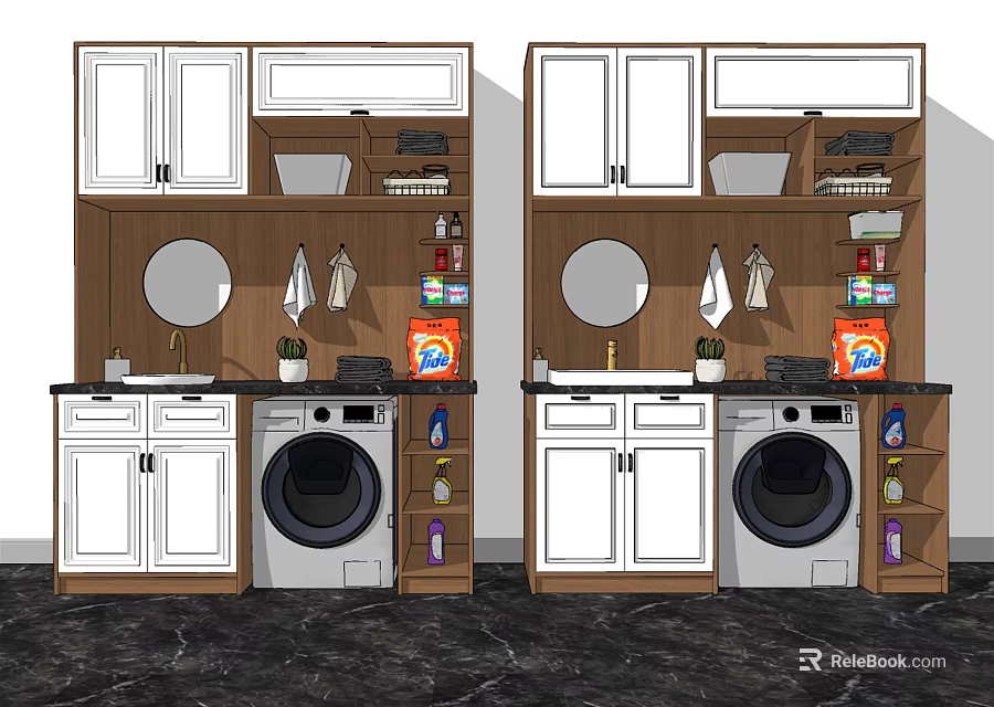 Bathroom Cabinet Unit With White Doors Mirror Towels Sink Washing Machine And Cleaning Supplies 3d model 
