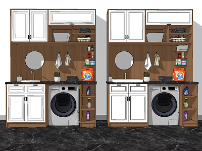 Bathroom Cabinet Unit With White Doors Mirror Towels Sink Washing Machine And Cleaning Supplies 3d model