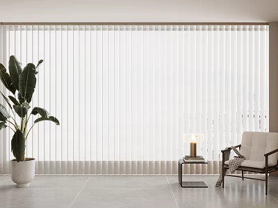 White Venetian Blinds Covering Large Window In Interior With Plant Armchair Side Table And Lamp 3d model
