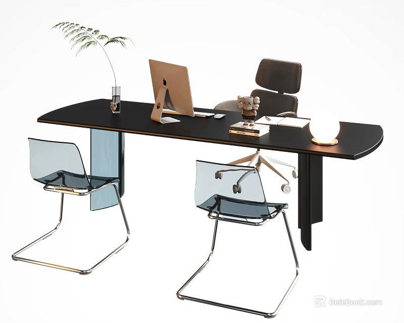 Modern Black Desk Setup With Mac Computer Potted Plant Table Lamp and Chairs 3d model 