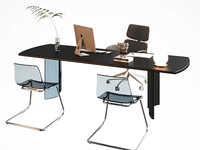 Modern Black Desk Setup With Mac Computer Potted Plant Table Lamp and Chairs 3d model