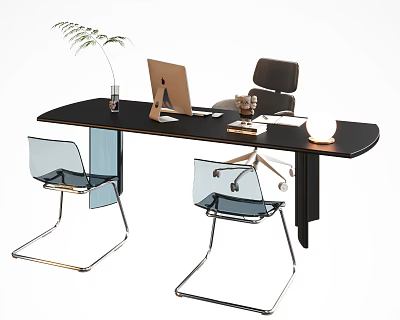 Modern Black Desk Setup With Mac Computer Potted Plant Table Lamp and Chairs 3d model