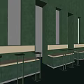 Modern Cafe Interior With Green Walls Vertical Columns White Bench Seats And Metal Tables