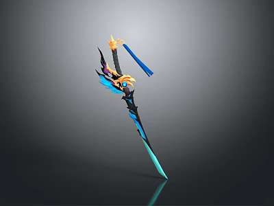 Ornate Fantasy Weapon Featuring Blue Glowing Blade Black Design And Orange Accents 3d model