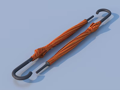 Two Orange Striped Umbrellas With Black Curved Handles For Daily Use 3d model