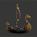 Decorative Wooden Ship Model With Red White Striped Sail Skull Decoration And Intricate Carvings