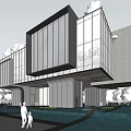 Modern Sales Office Building with Glass Curtain Walls Roof Greenery and Pedestrian Plaza