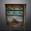 Vintage Painted Drawer Cabinet With Turquoise Orange Finish Golden Handles And Hand Painted Floral Design