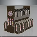 Elegant Church Building with Stained Glass Windows Arched Design and Circular Clock Brown Beige Exterior