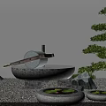 Zen Style Garden Decorative Elements With Stone Basin Bamboo Water Feature Pebble Ground And Pine Tree 3d model