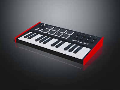 Electronic Music Synthesizer Keyboard With Black White Keys Red Frame Black Body And Control Knobs 3d model