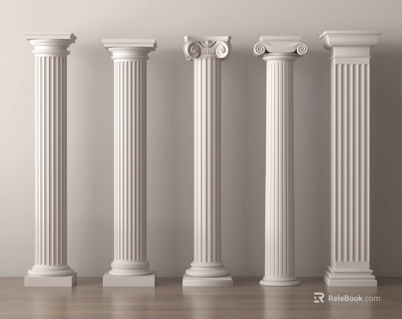 Decorative Classical White Columns With Fluted Shafts And Ornate Capitals In Interior 3d model 