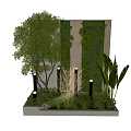 Courtyard Garden With Lush Green Plants Wooden Slat Screen Stone Backdrop And Outdoor Lighting