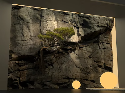 Natural Rock Feature Wall With Pine Tree Exposed Roots And Round Orbs 3d model