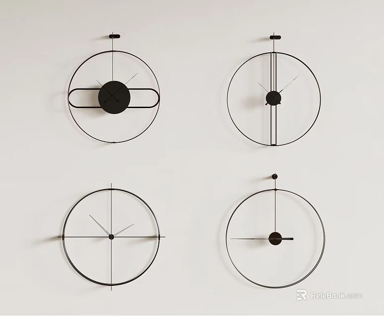 Minimalist Wall Clocks with Black Metal Circular Frames Mounted on White Wall 3d model