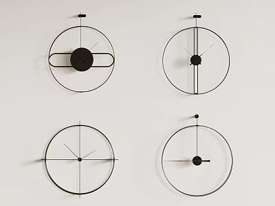 Minimalist Wall Clocks with Black Metal Circular Frames Mounted on White Wall 3d model