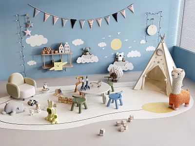 Colorful Kids Playroom with Blue Wall Bunting Flags Teepee Tent Stuffed Animals and Toy Shelf 3d model