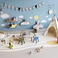 Colorful Kids Playroom with Blue Wall Bunting Flags Teepee Tent Stuffed Animals and Toy Shelf