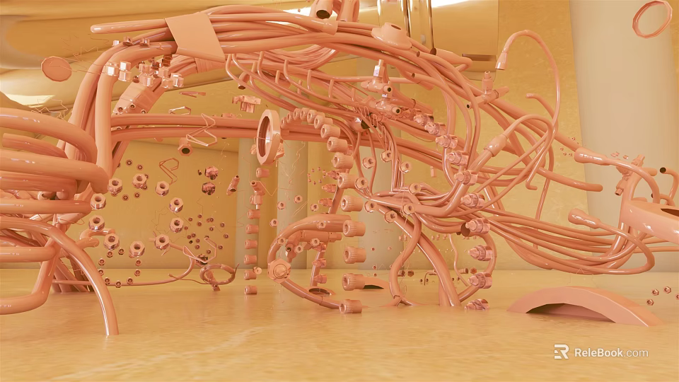 Abstract Pink Sculptural Installation Featuring Intricate Curved Vines And Small Decorative Pieces 3d model 