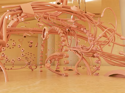 Abstract Pink Sculptural Installation Featuring Intricate Curved Vines And Small Decorative Pieces 3d model