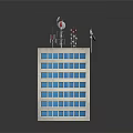 Cartoon Style Tall Building Model with Blue Windows and Top Antennas