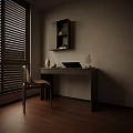 Contemporary Home Desk Interior With Wall Mounted Cabinet Laptop Vases Chair And Vertical Blinds