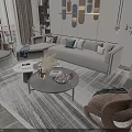Elegant Modern Living Room Sofa And Coffee Table Combination With Pillows Rug And Decorative Panels