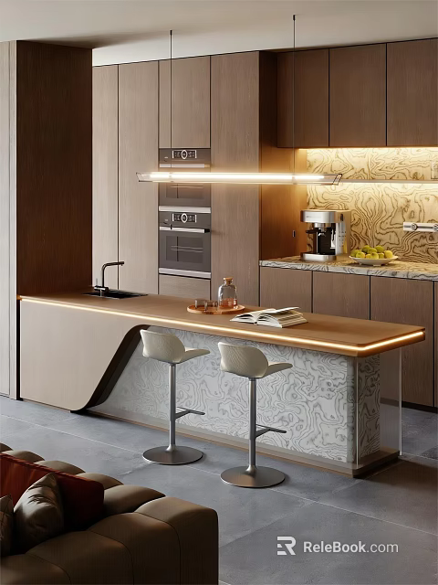 Modern Kitchen Interior With Wooden Island Countertop Bar Stools Lighting And Appliances 3d model 