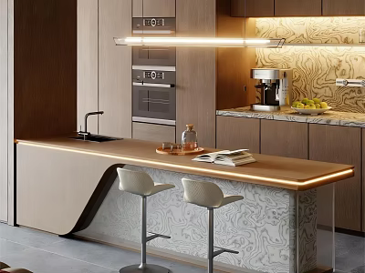 Modern Kitchen Interior With Wooden Island Countertop Bar Stools Lighting And Appliances 3d model