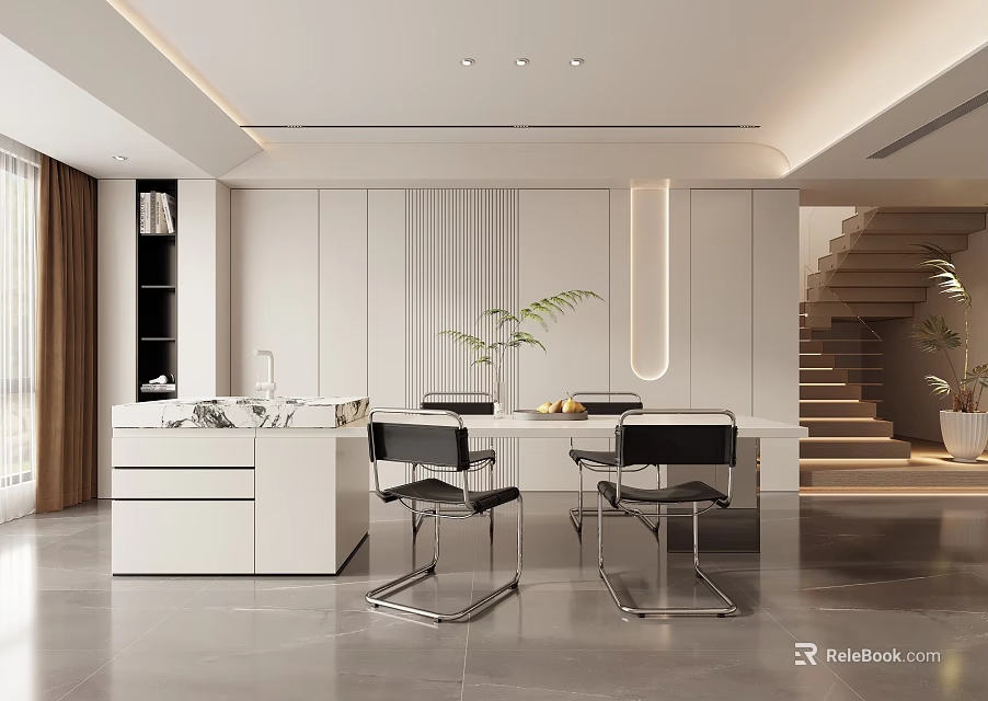 Modern Restaurant Open Kitchen Interior With White Cabinets And Black Chairs 3d model 