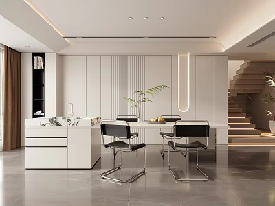 Modern Restaurant Open Kitchen Interior With White Cabinets And Black Chairs 3d model