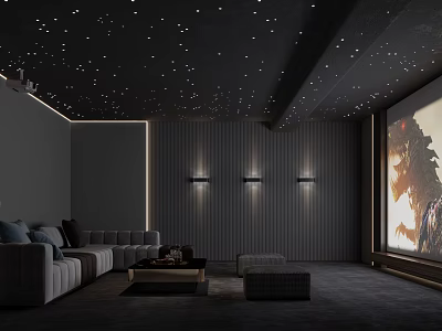 Home Theater Room With Starry Ceiling Gray Sofa Projection Screen Striped Walls And Wall Sconces 3d model