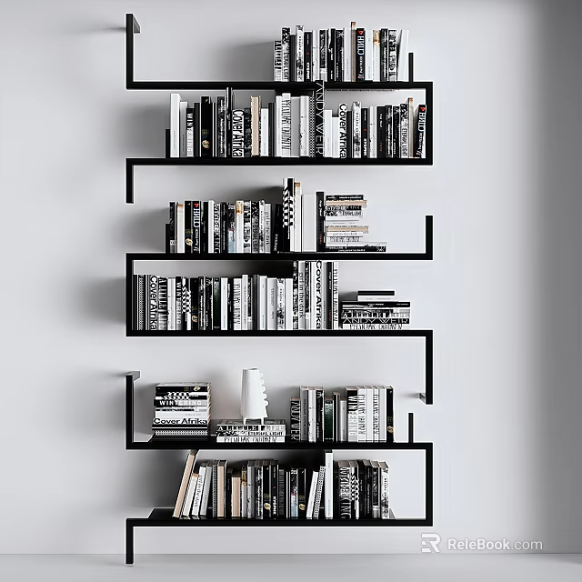 Modern Minimalist Bookshelf Interior With Open Shelves And Stacked Books 3d model 