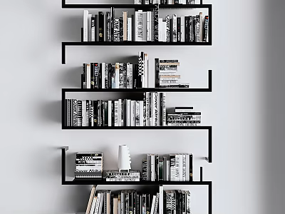 Modern Minimalist Bookshelf Interior With Open Shelves And Stacked Books 3d model