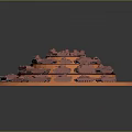 Military Vehicles Models on Circular Multi Layered Display Platform in Red Orange and Blue