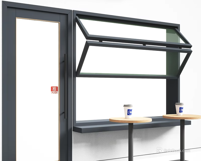 Black Frame Casement Window With Door And Small Tables With Cups On Sill 3d model 