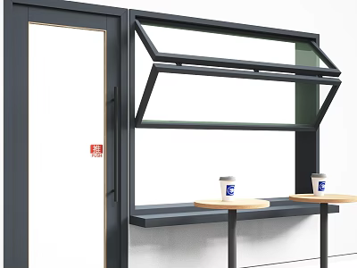 Black Frame Casement Window With Door And Small Tables With Cups On Sill 3d model
