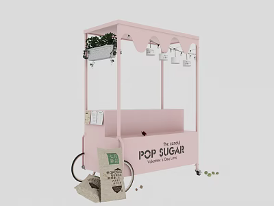 Pink Pop Sugar Cart With Hanging Cups Green Plants And Scattered Sugar Grains 3d model