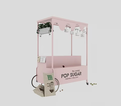 Pink Pop Sugar Cart With Hanging Cups Green Plants And Scattered Sugar Grains 3d model