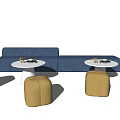 Blue Sofa Coffee Table Set With White Round Tables And Yellow Stools 3d model