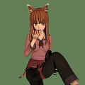 Anime Girl With Fox Ears Sitting In Pink Top Black Pants Barefoot On Green Background