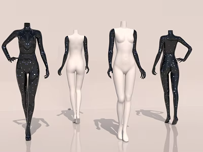 Black And White Full Body Mannequins In Shiny Outfits With Different Poses 3d model