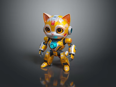Cute Yellow Robot Cat Game Movie Character Featuring Mechanical Parts Red Logo And Blue Core 3d model