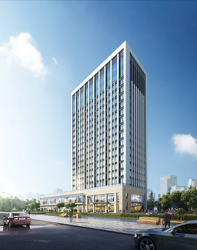 Modern High Rise Hotel Building With Glass Facade And Blue Sky Background 3d model