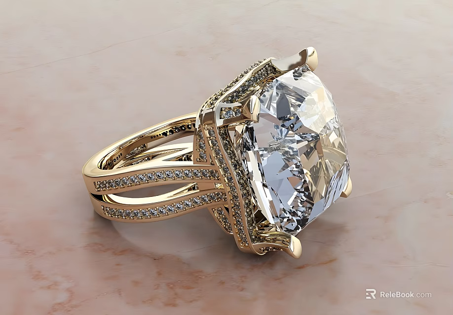 Luxurious Statement Diamond Ring Featuring Large Square-cut Center Stone And Gold Pavé Accent Band Design 3d model 