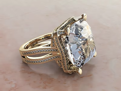 Luxurious Statement Diamond Ring Featuring Large Square-cut Center Stone And Gold Pavé Accent Band Design 3d model