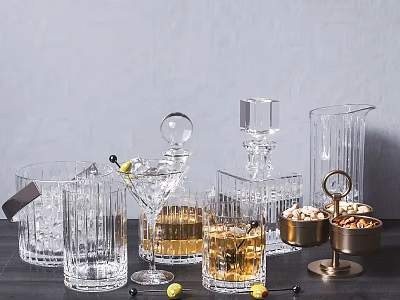 Elegant Glass Wine Bottles and Cocktail Glasses with Ice Olives Nuts Decanter and Metal Tray 3d model